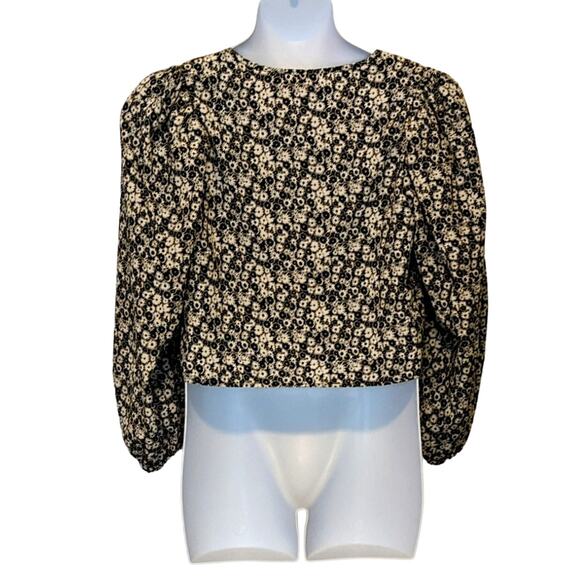 LEVI Front Tie Cropped Daisy Blouse Long Sleeves Black Cream Gold Size L NWOT - Picture 3 of 7